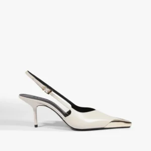 Slingback Biqueira de Metal Couro Branco